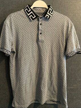 Men's Gray Patterned Polo with Black Trim Collar